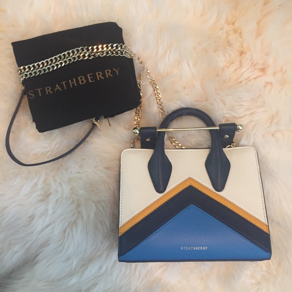 Strathberry Mini Bag in Blue, Cream, and Gold